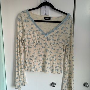 Cider Cream V-Neck Long Sleeve Top with Light Blue Floral Lace Trim